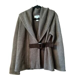 Soft Surroundings chunky knit toupe cross over leather belt cardigan wool blend